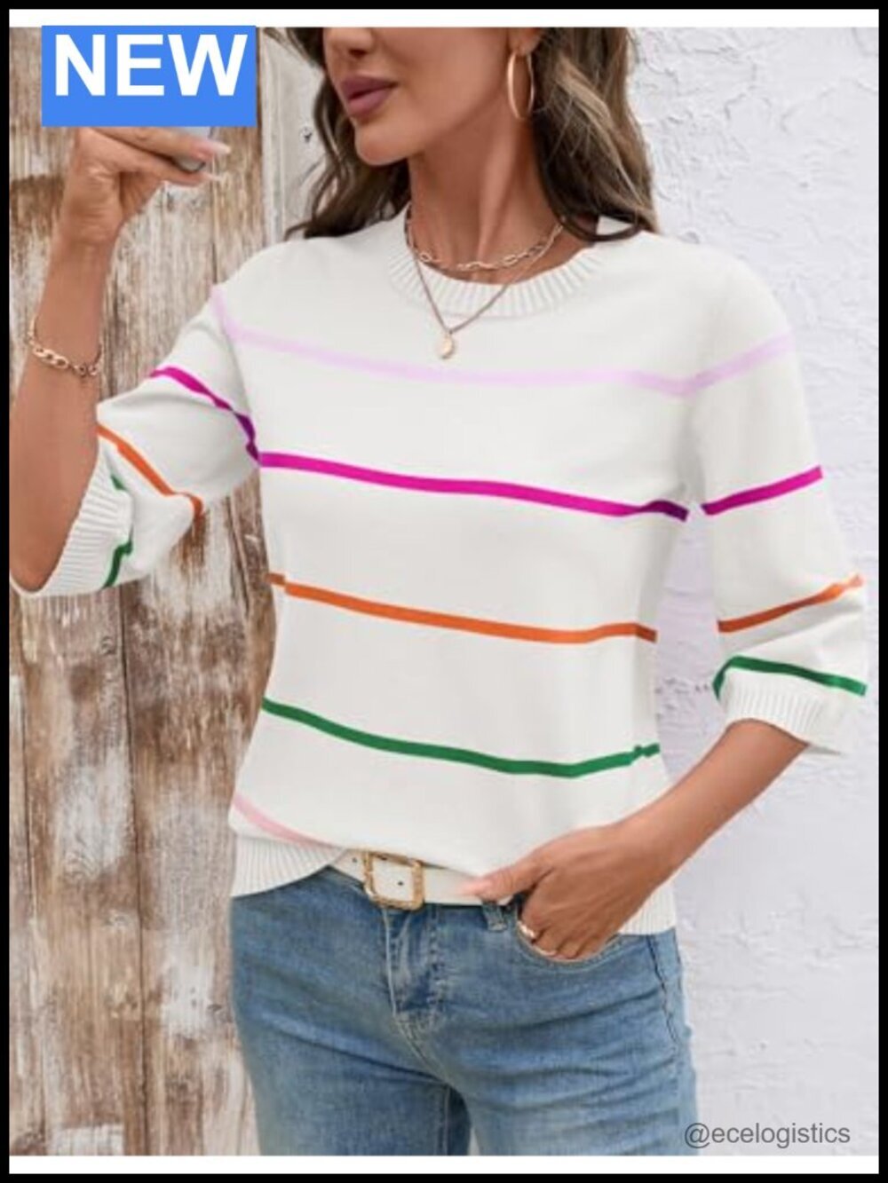 Women's Lightweight Knit Pullover Sweater 3/4 Sleeve Crew Neck Casual Fall